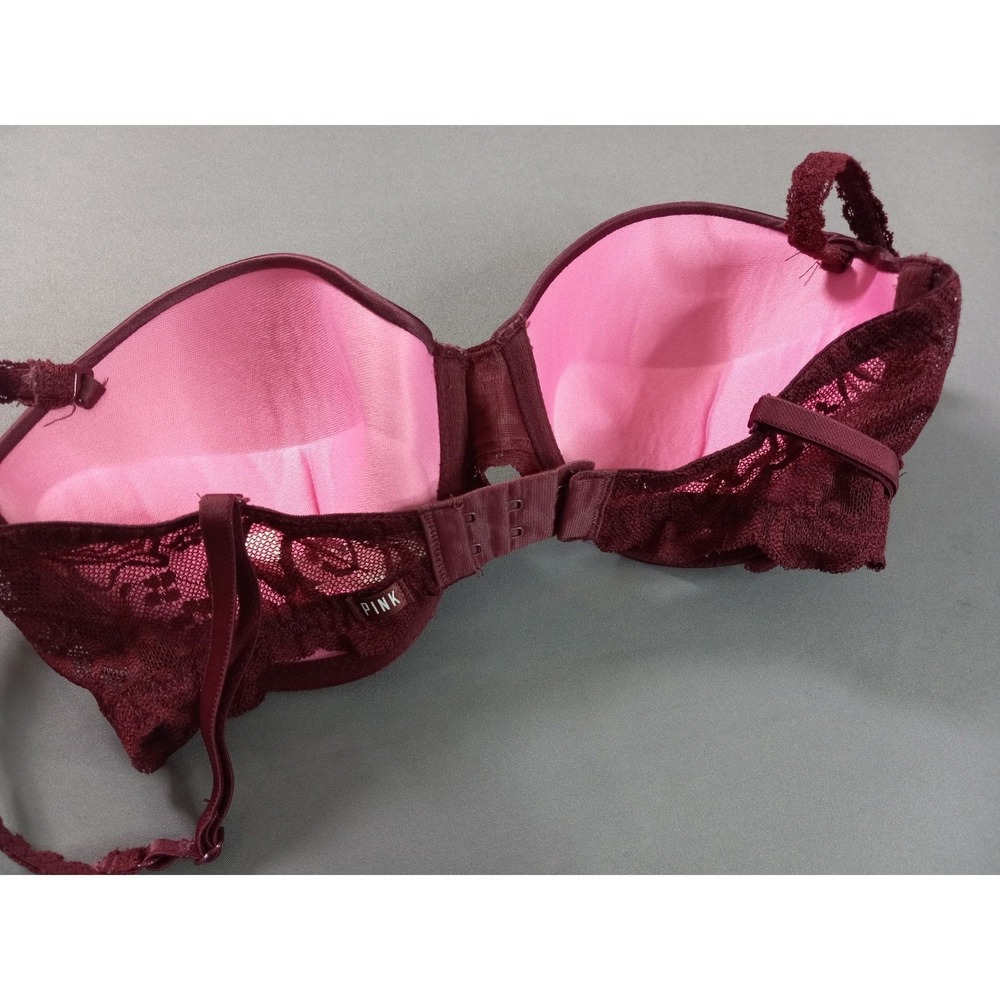Victorias Secret PINK Push Up Bra 32D Burgundy Wine Lace Satin Underwire - Picture 2 of 6